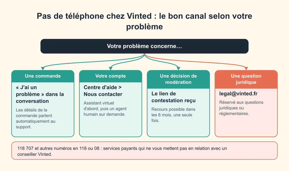 Arbre de décision : pour une commande, J'ai un problème dans la conversation ; pour le compte, Centre d'aide puis Nous contacter ; pour la modération, le lien de contestation ; pour une question juridique, legal@vinted.fr