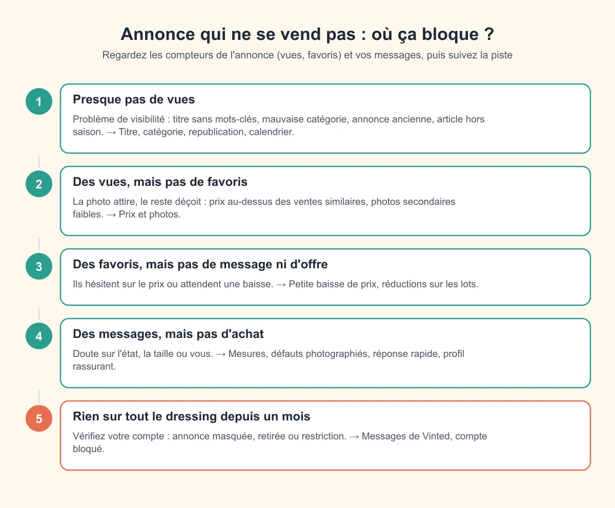 Diagnostic d'une annonce Vinted : peu de vues, problème de visibilité ; des vues sans favoris, problème de prix ou de photos ; des favoris sans offre, baisse de prix ; des messages sans achat, doutes sur l'état ; plus rien depuis un mois, vérifier le compte