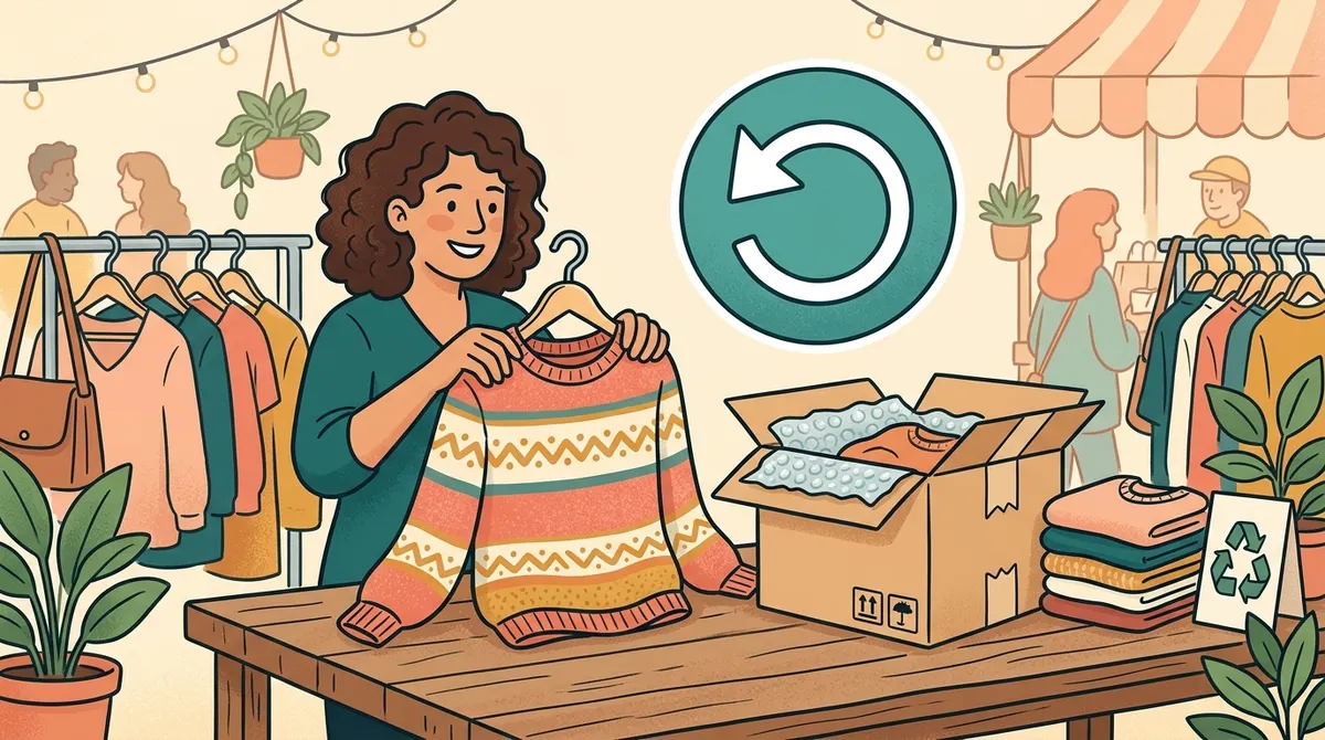 Illustration : une vendeuse remet un pull sur un cintre à côté d'un colis ouvert, avec une flèche d'annulation