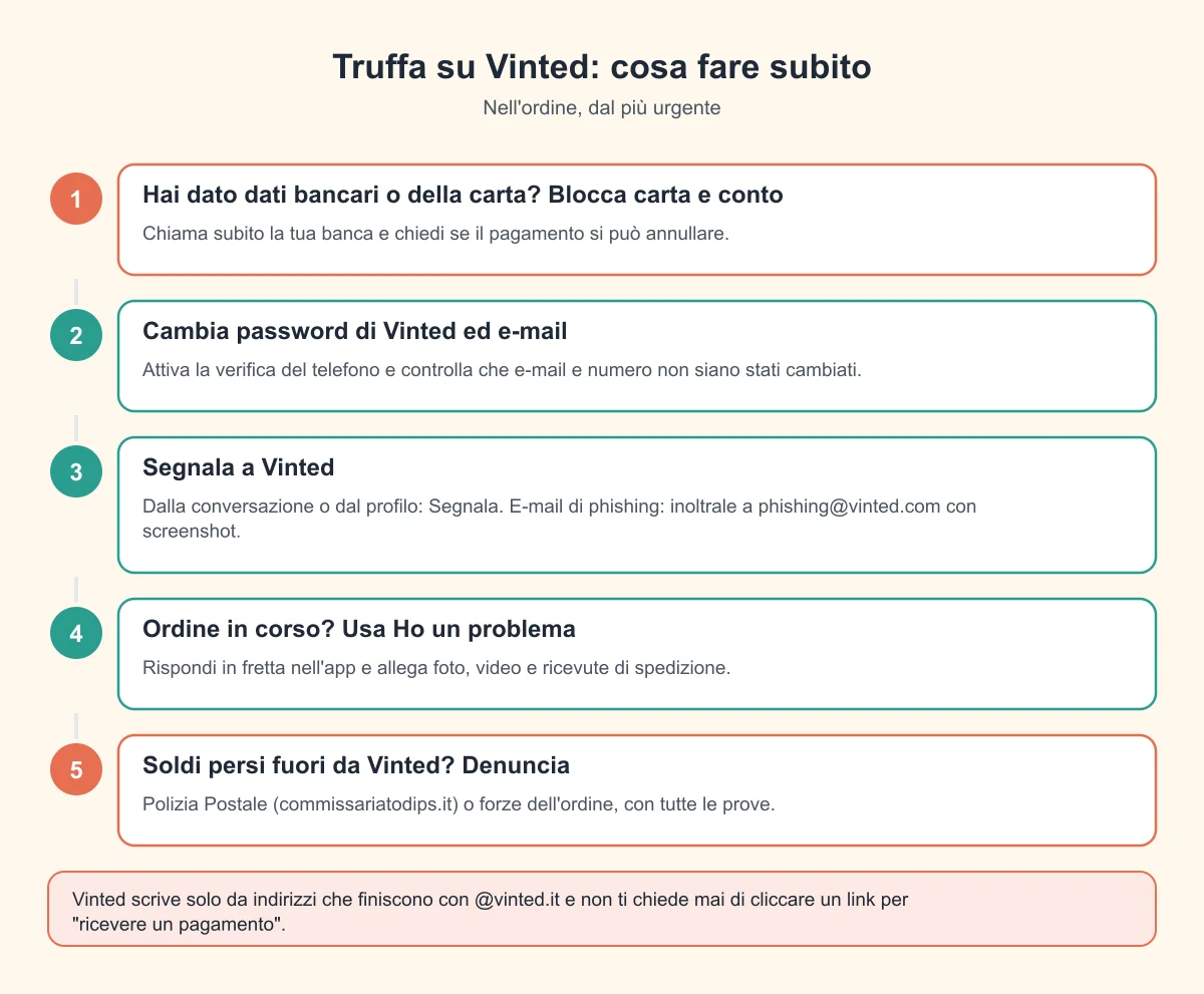 I 5 passi da fare subito dopo una truffa su Vinted: bloccare la carta, cambiare password, segnalare, aprire un problema, denunciare