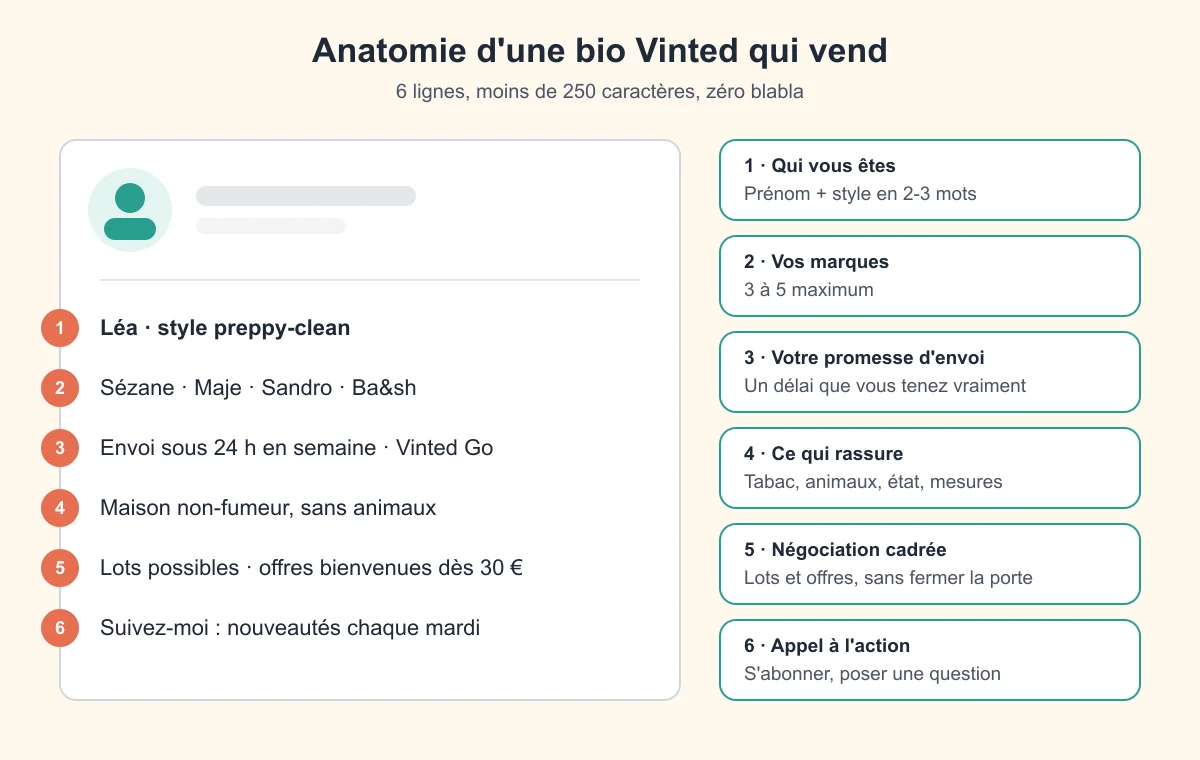 Anatomie d'une bio Vinted en 6 lignes : identité et style, marques, promesse d'envoi, éléments rassurants, négociation, appel à l'action