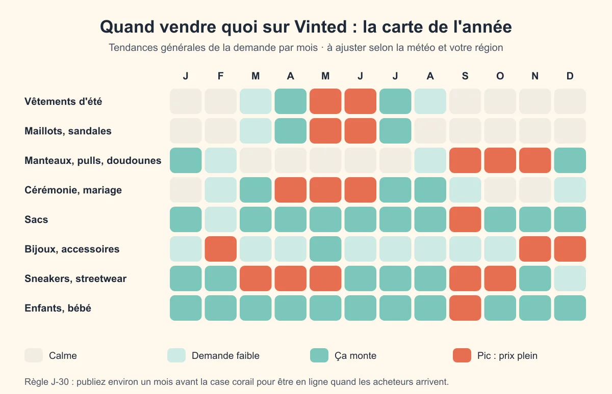 Carte de l'année Vinted : niveau de demande mois par mois pour les vêtements d'été, maillots, manteaux, tenues de cérémonie, sacs, bijoux, sneakers et vêtements enfants