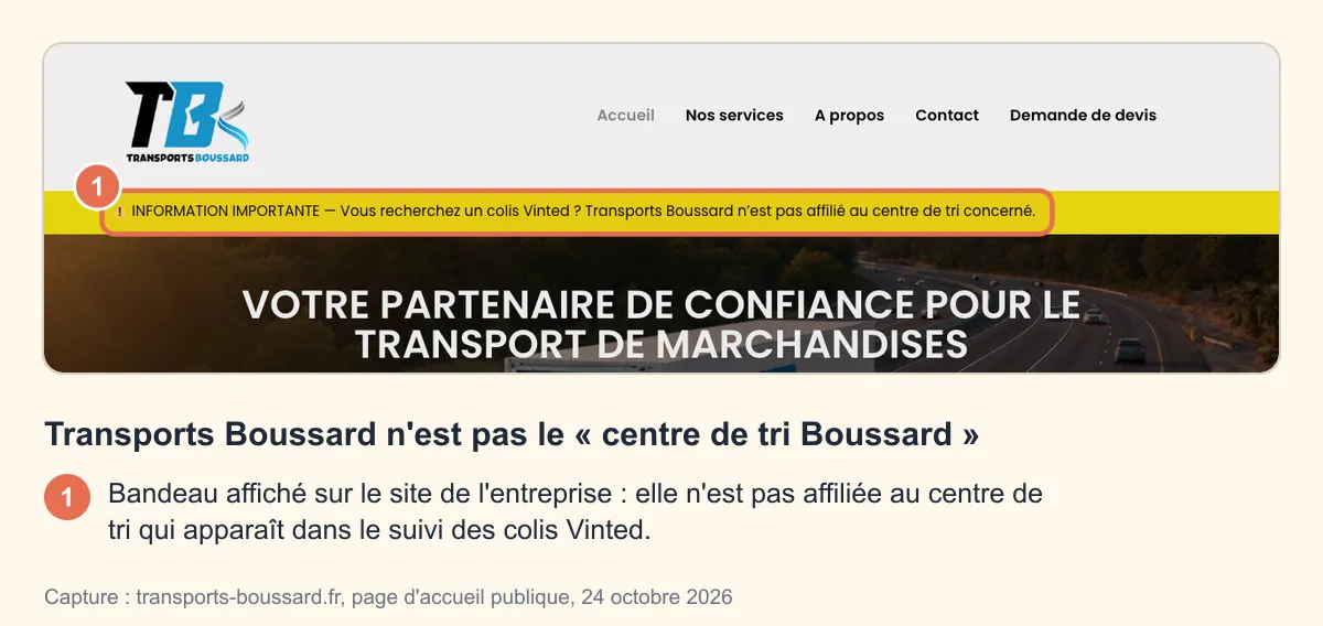 Capture annotée de la page d'accueil de Transports Boussard : un bandeau indique que l'entreprise n'est pas affiliée au centre de tri des colis Vinted
