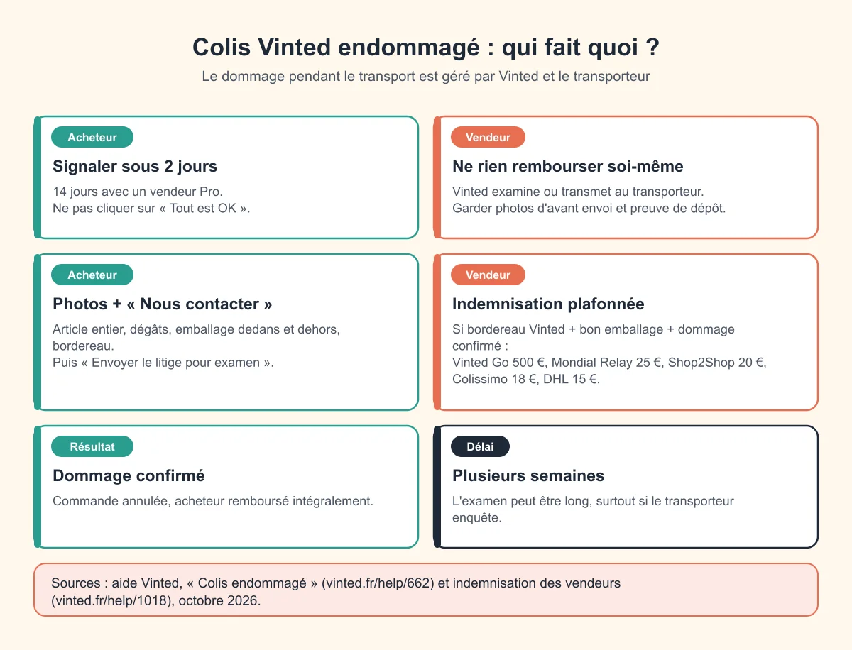 Colis endommagé sur Vinted : côté acheteur, signaler sous 2 jours avec photos puis remboursement si le dommage est confirmé ; côté vendeur, indemnisation plafonnée selon le transporteur si bordereau Vinted et bon emballage