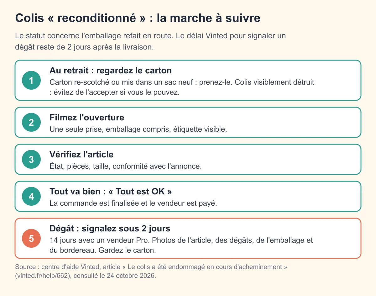 Schéma : que faire quand un colis Vinted est marqué reconditionné pendant l'acheminement, de la réception au signalement dans les 2 jours