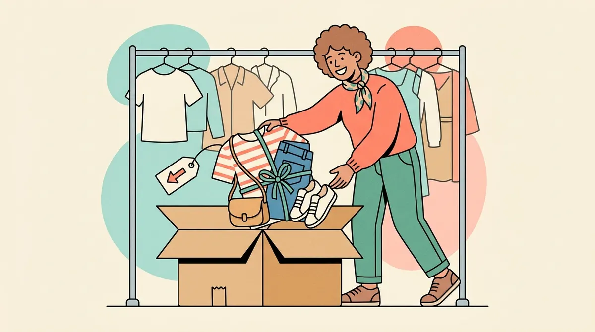 Illustration : une acheteuse rassemble plusieurs vêtements d'occasion d'un même portant dans un seul carton noué d'un ruban