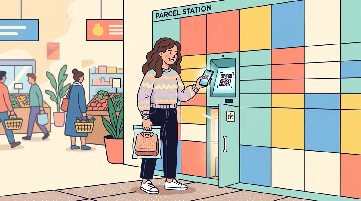 Ragazza che scansiona un QR code con lo smartphone davanti a un locker colorato