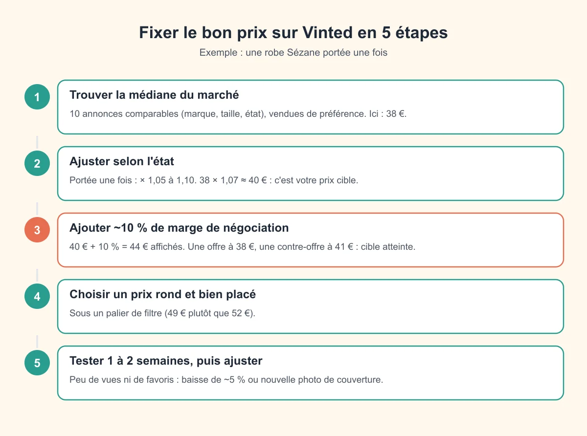 Fixer le bon prix sur Vinted en 5 étapes, avec l'exemple d'une robe : médiane du marché, ajustement selon l'état, marge de négociation, prix rond, test et ajustement
