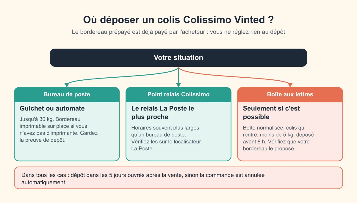 Où déposer un colis Colissimo Vinted : bureau de poste au guichet ou à l'automate jusqu'à 30 kg, point relais Colissimo, ou boîte aux lettres sous conditions (moins de 5 kg, avant 8 h)
