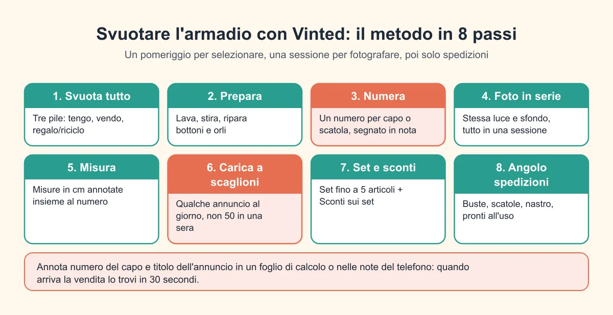 Gli 8 passi per svuotare l'armadio con Vinted: svuota, prepara, numera, foto in serie, misura, carica a scaglioni, set e sconti, angolo spedizioni