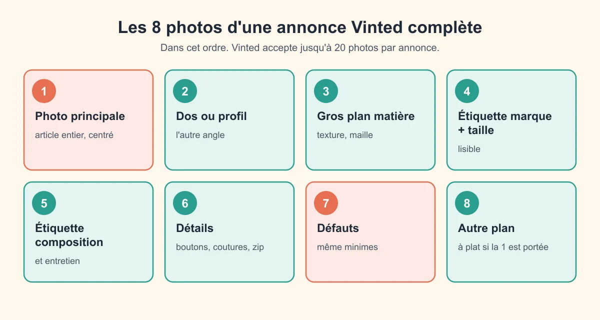 Les 8 photos d'une annonce Vinted complète, dans l'ordre : photo principale, dos ou profil, gros plan matière, étiquette marque et taille, étiquette composition, détails, défauts, autre plan