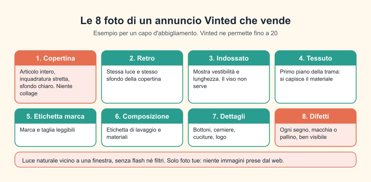 Le 8 foto di un annuncio Vinted: copertina, retro, indossato, tessuto, etichetta marca, composizione, dettagli, difetti