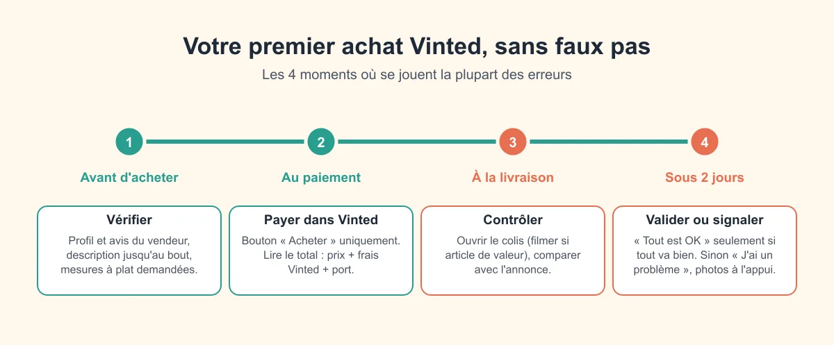 Les 4 moments clés d'un premier achat Vinted : vérifier avant d'acheter, payer dans Vinted, contrôler à la livraison, valider ou signaler sous 2 jours