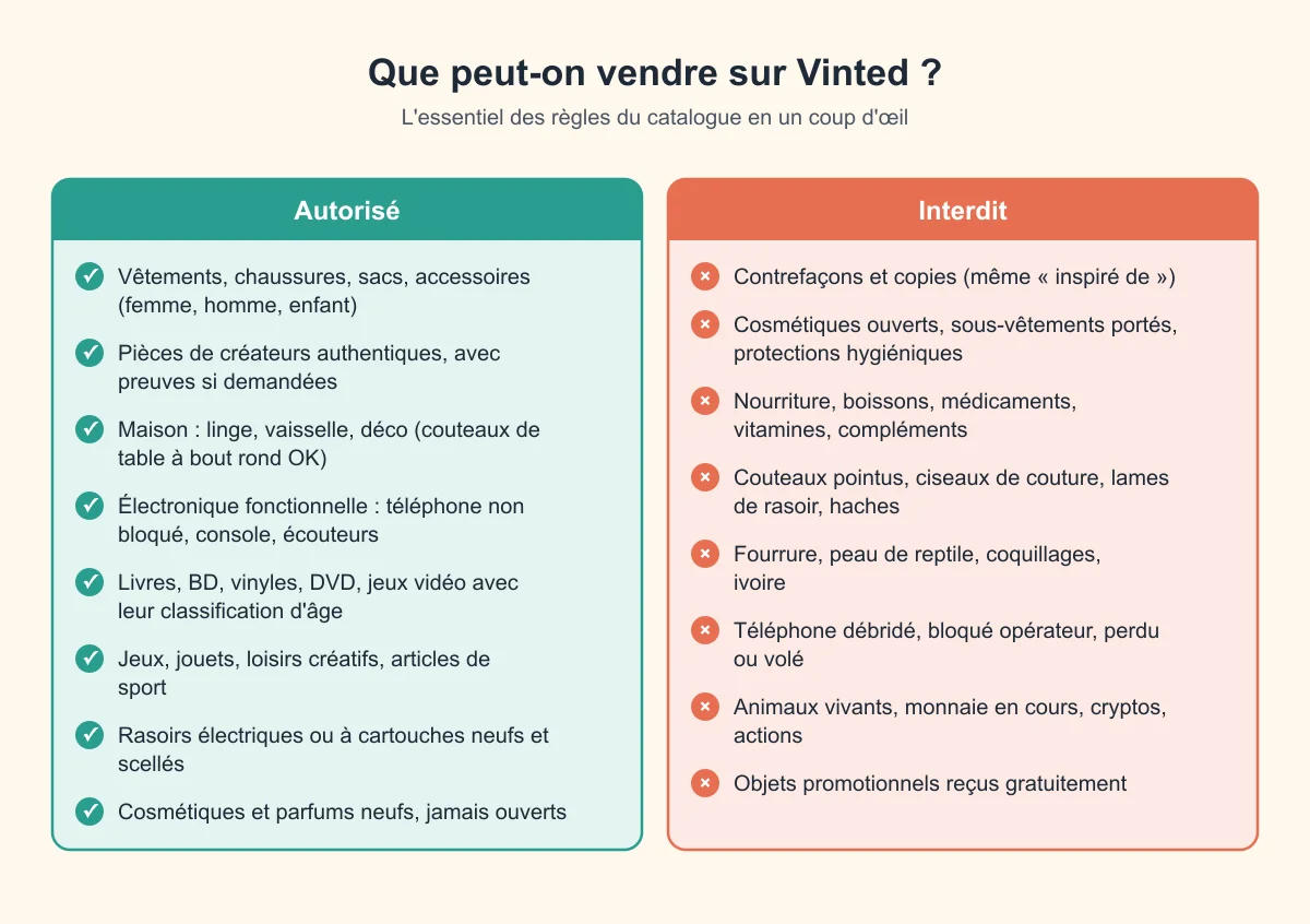 Tableau autorisé ou interdit sur Vinted : vêtements, électronique fonctionnelle, livres et cosmétiques neufs d'un côté ; contrefaçons, cosmétiques ouverts, nourriture, couteaux, fourrure et téléphones bloqués de l'autre