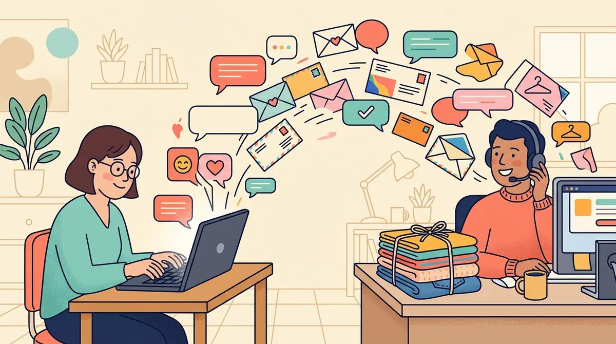 Illustration : une personne écrit sur son ordinateur, des enveloppes et bulles de discussion volent vers un conseiller avec casque