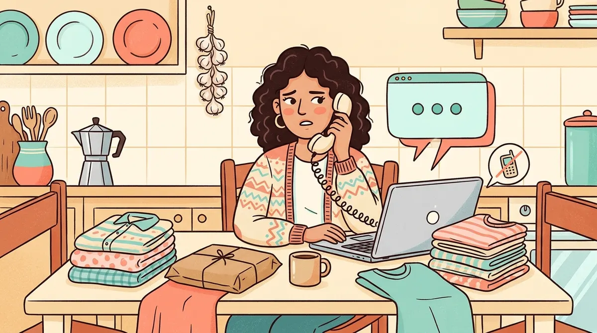 Venditrice al telefono in cucina mentre una chat di assistenza si apre sul portatile