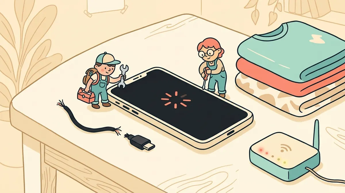 Due piccoli tecnici riparano uno smartphone che non si carica accanto a vestiti piegati e un router