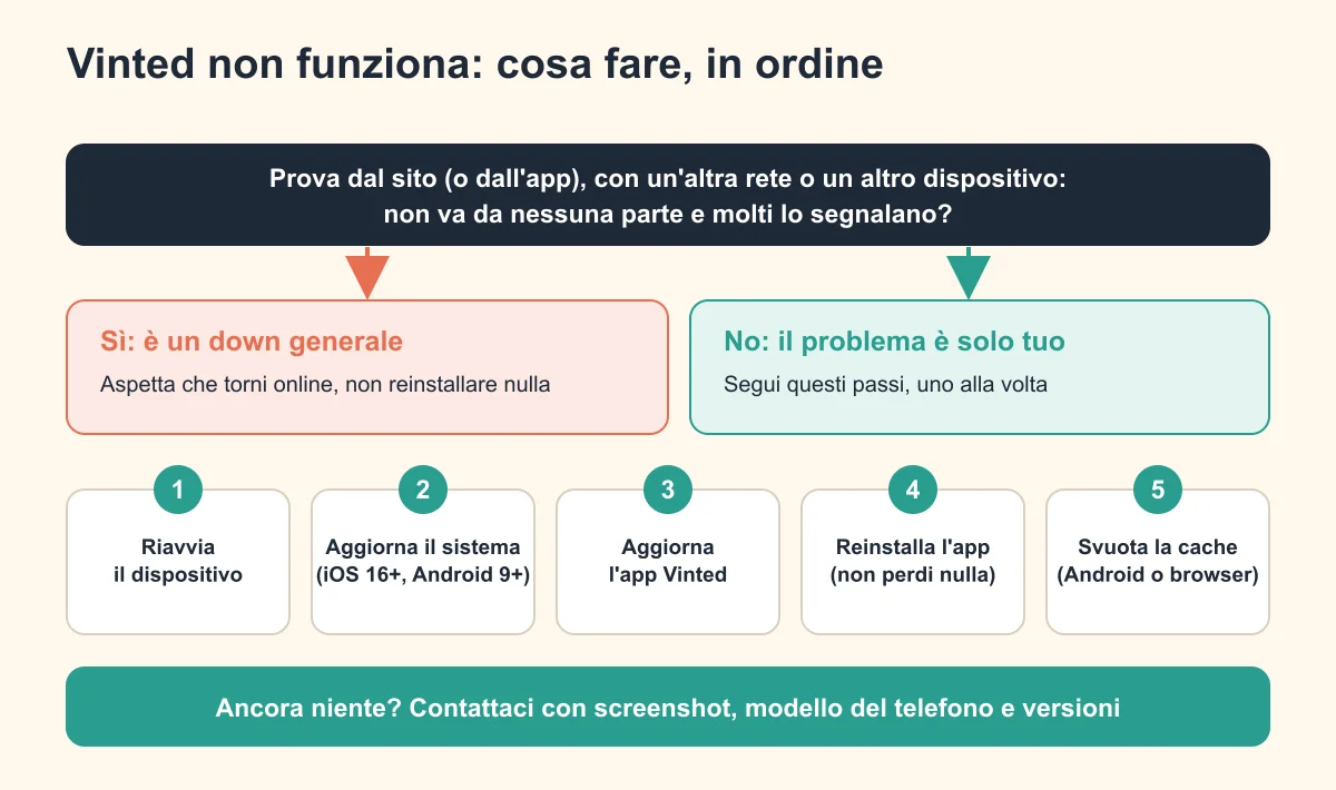 Schema per capire se Vinted è giù per tutti o solo per te e quali passi seguire