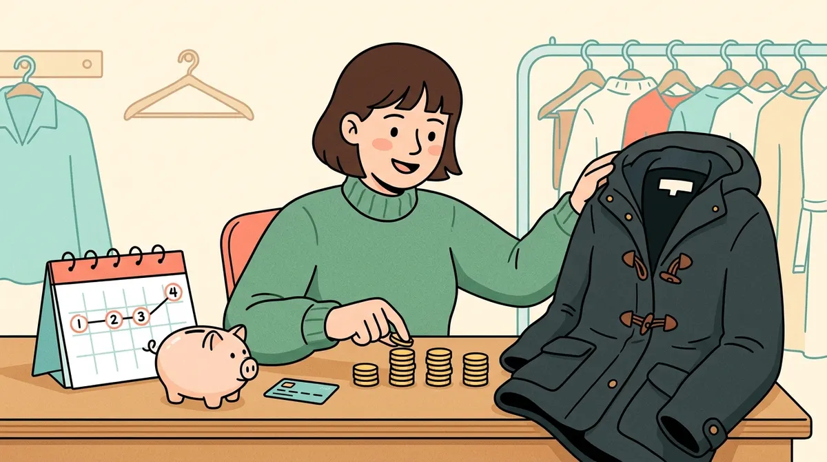 Ragazza con un cappotto usato, un salvadanaio, monete e un calendario delle rate