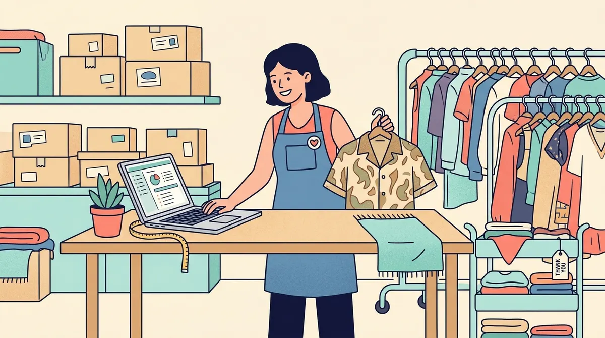 Vendeuse professionnelle de seconde main dans son atelier, entre portants de vêtements et cartons d'expédition