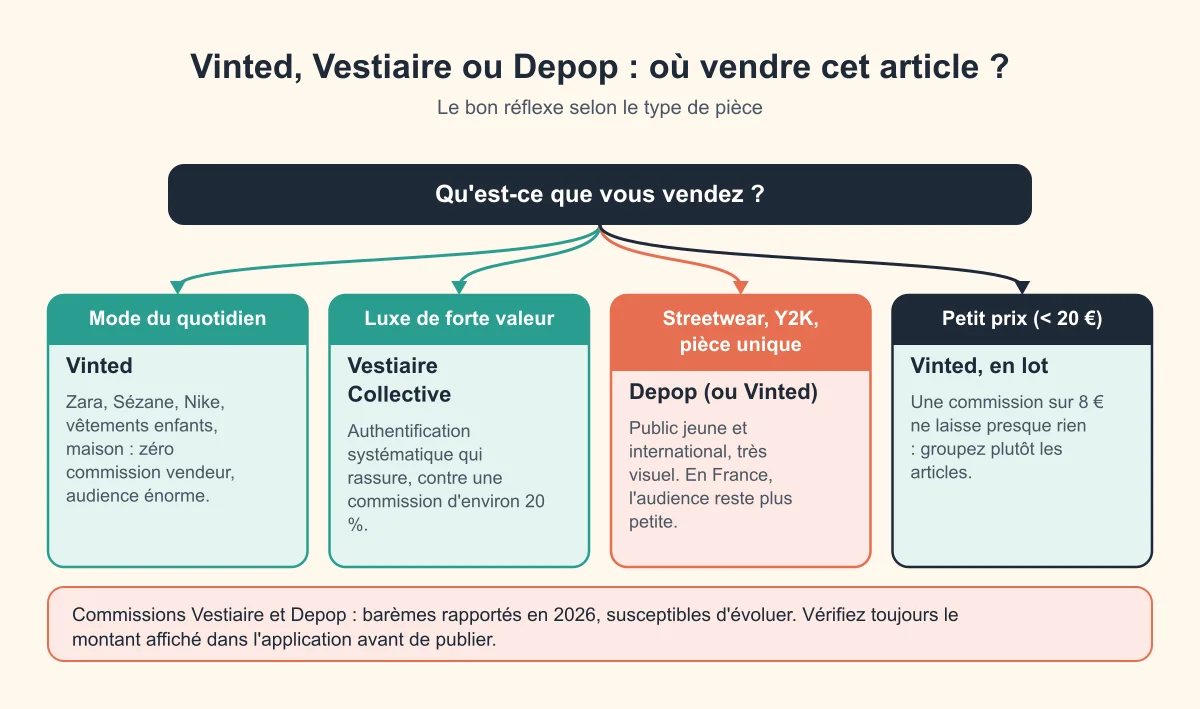Arbre de décision : vendre sur Vinted, Vestiaire Collective ou Depop selon le type d'article