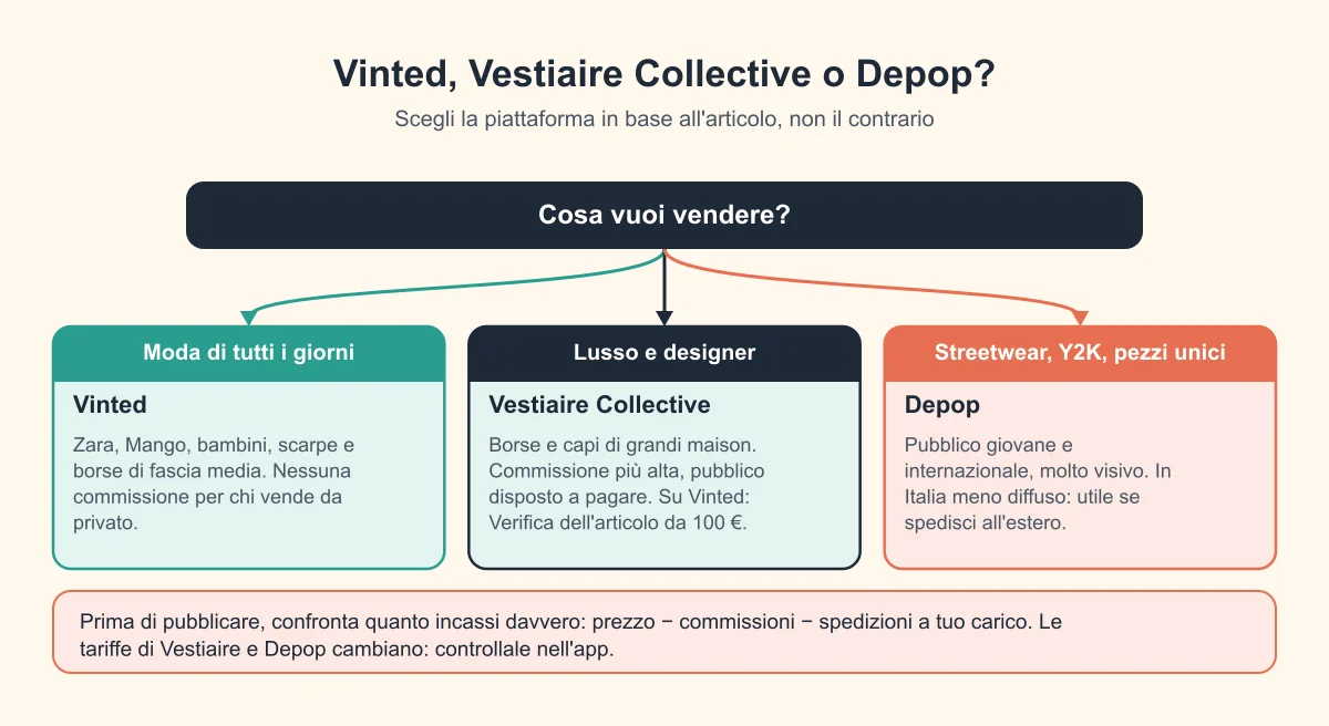 Albero decisionale: moda di tutti i giorni su Vinted, lusso su Vestiaire Collective, streetwear e Y2K su Depop